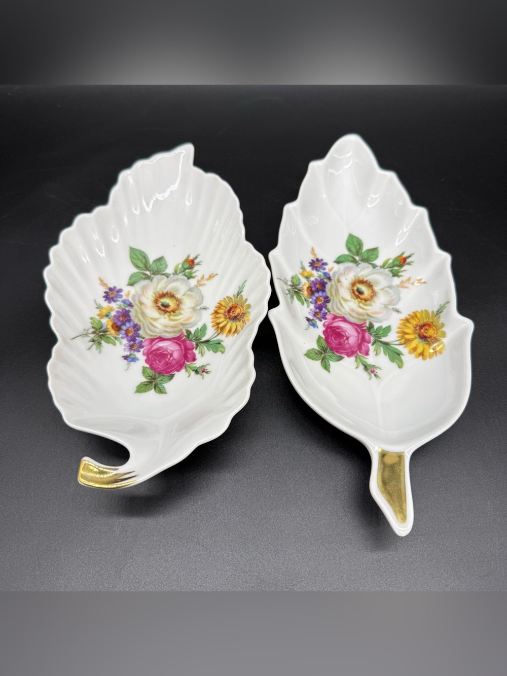 OLD NUREMBERG LEAF DISH Bavaria Germany Flowers Candy 10” Gold Stem Vintage (2)